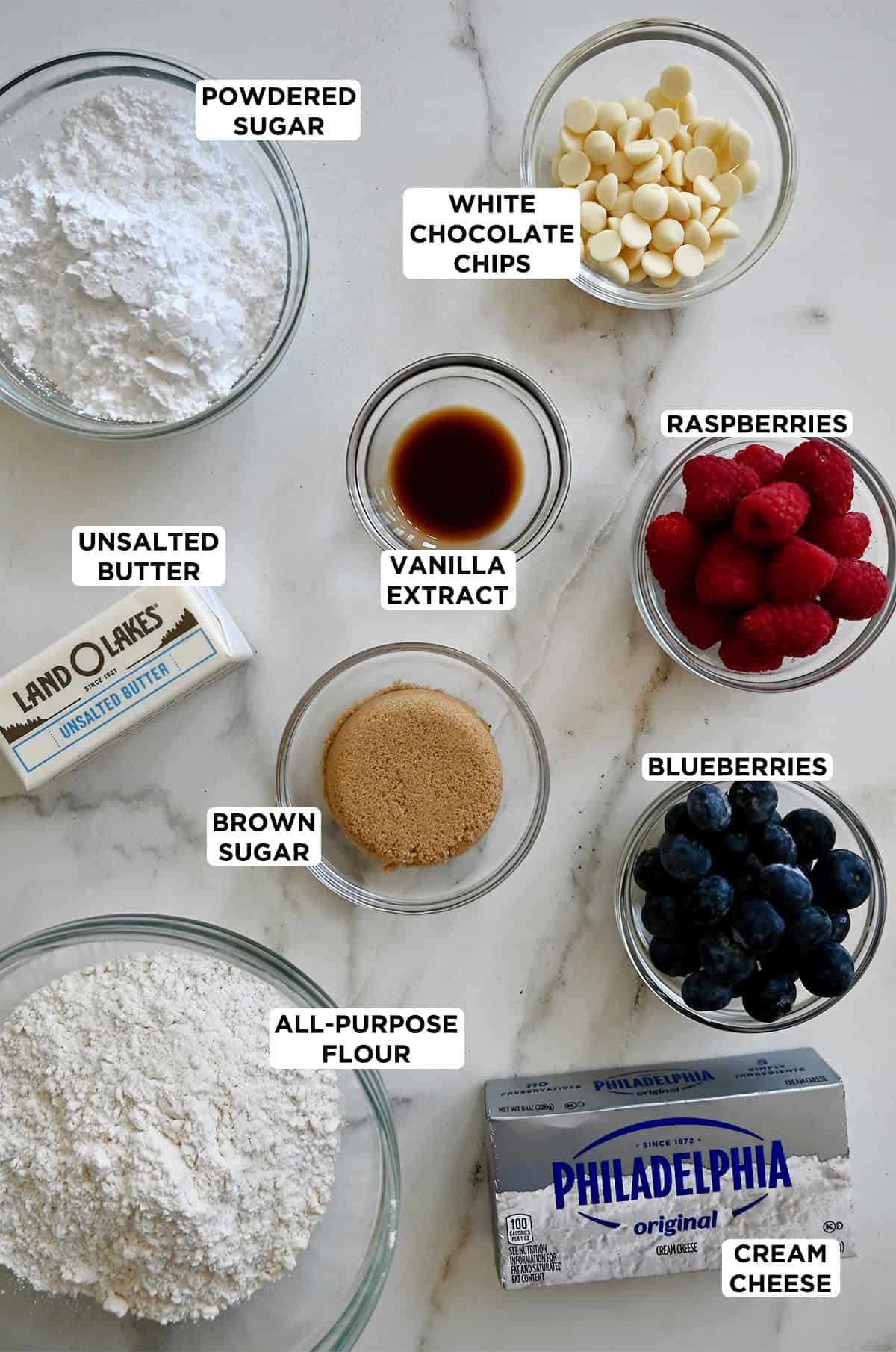 Ingredients to make a flag cake.