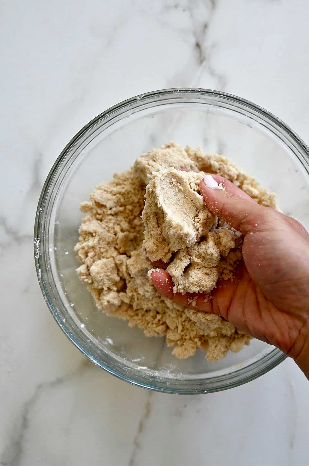 A hand holding crumbly shortbread cookie dough.
