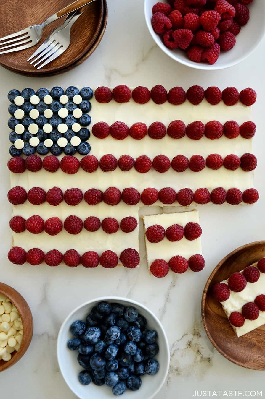 A top-down view of a cookie cake in the shape of an American flag