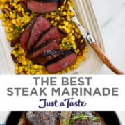 Top image: Sliced steak topped with large-flake sea salt over a bed of sautéed corn and mushrooms. Bottom image: A large skillet containing four perfectly cooked steaks garnished with fresh thyme.