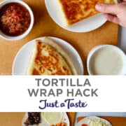 Vertical collage of two images. Top image: Three triangle tortilla wraps on white plates with a hand grabbing one of them. Bottom image: Top-down view of three open-faced tortillas with various fillings.