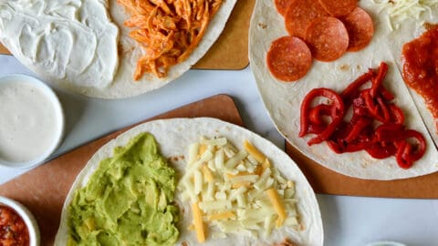 Top-down view of tortilla wrap hack three ways