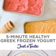 Vertical image collage. Top image: A top-down view of three flavors of healthy Greek frozen yogurt next to bowls with spoons and waffle cones. Bottom image: A spatula with peach frozen yogurt over a food processor.