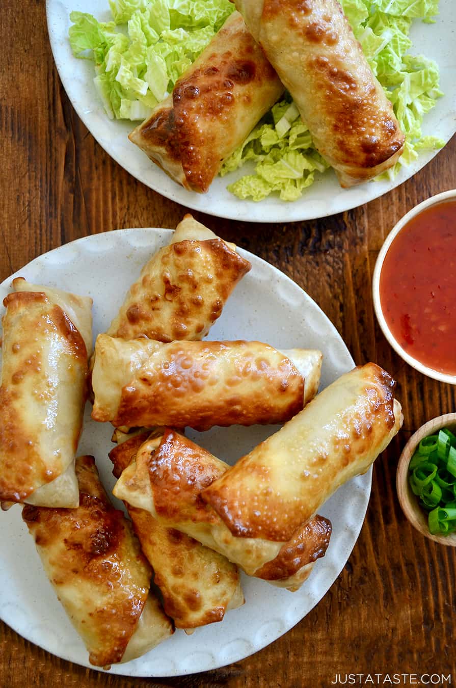 A top-down view of Air Fryer Egg Rolls on a white serving plate