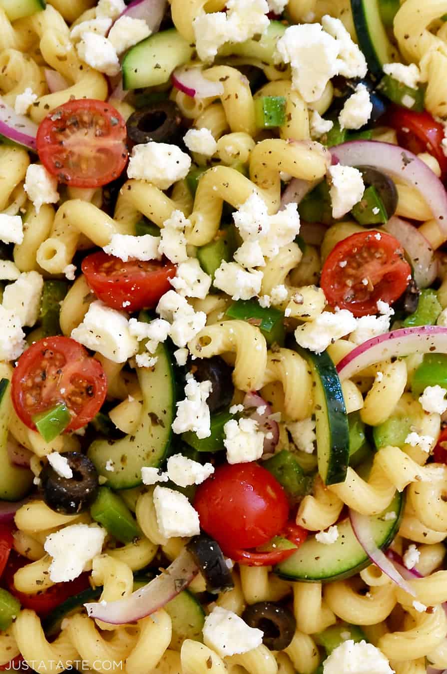 A close-up of Greek Pasta Salad with red wine vinaigrette