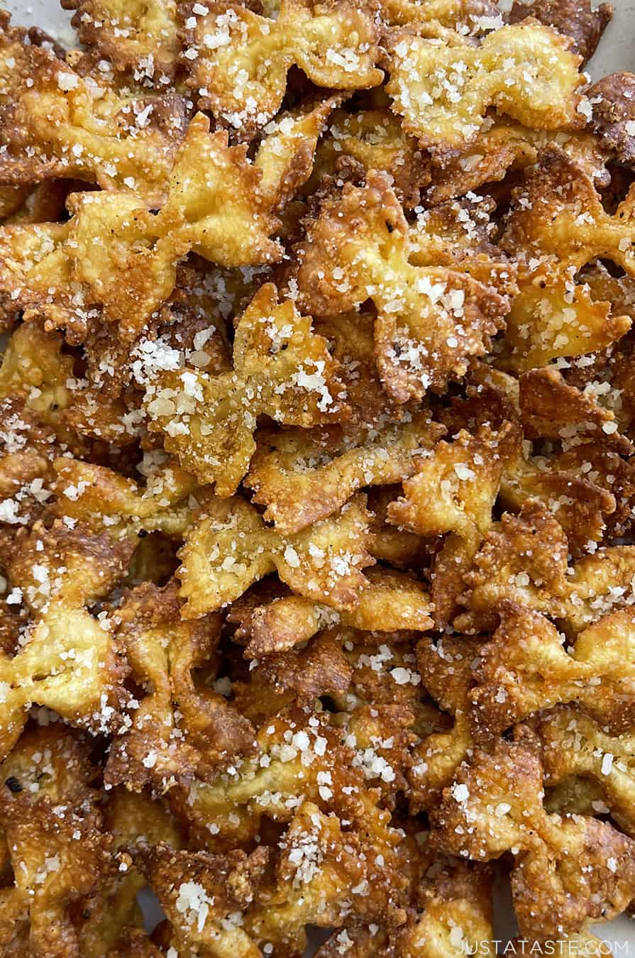 A close-up view of Parmesan pasta chips