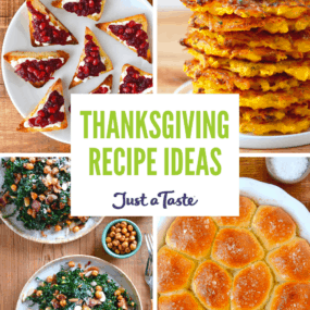 Collage of images: 15-Minute Cranberry Relish, 5-Ingredient Butternut Squash Fritters, Easy Homemade Dinner Rolls, and Kale Salad with Warm Bacon Vinaigrette