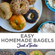 Top image: A plate of various flavors of Easy Homemade Bagels including, everything seasoning, poppy seed, sesame seed and cheddar-jalapeno next to bowls containing flavored cream cheese. Bottom image: Easy Homemade Bagels on brown parchment paper.