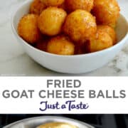 Top image: Fried Goat Cheese Balls piled high in a white bowl being drizzled with honey. Bottom image: A slotted spoon with Fried Goat Cheese Balls over a pot with hot oil.