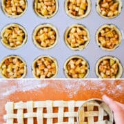 Vertical collage of images. Top image: Mini Apple Pies in a muffin tin. Second image: Apple pie filling nestled in pie dough. Third image: A hand cutting. out round lattice topping. Last image: A top-down view of unbaked Muffin Tin Mini Apple Pies with lattice top.