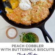 Top image: Peach Cobbler with thyme buttermilk biscuit topping in a cast-iron skillet topped with three scoops of vanilla bean ice cream. Bottom image: Peeled peaches on a cutting board next to a pairing knife.