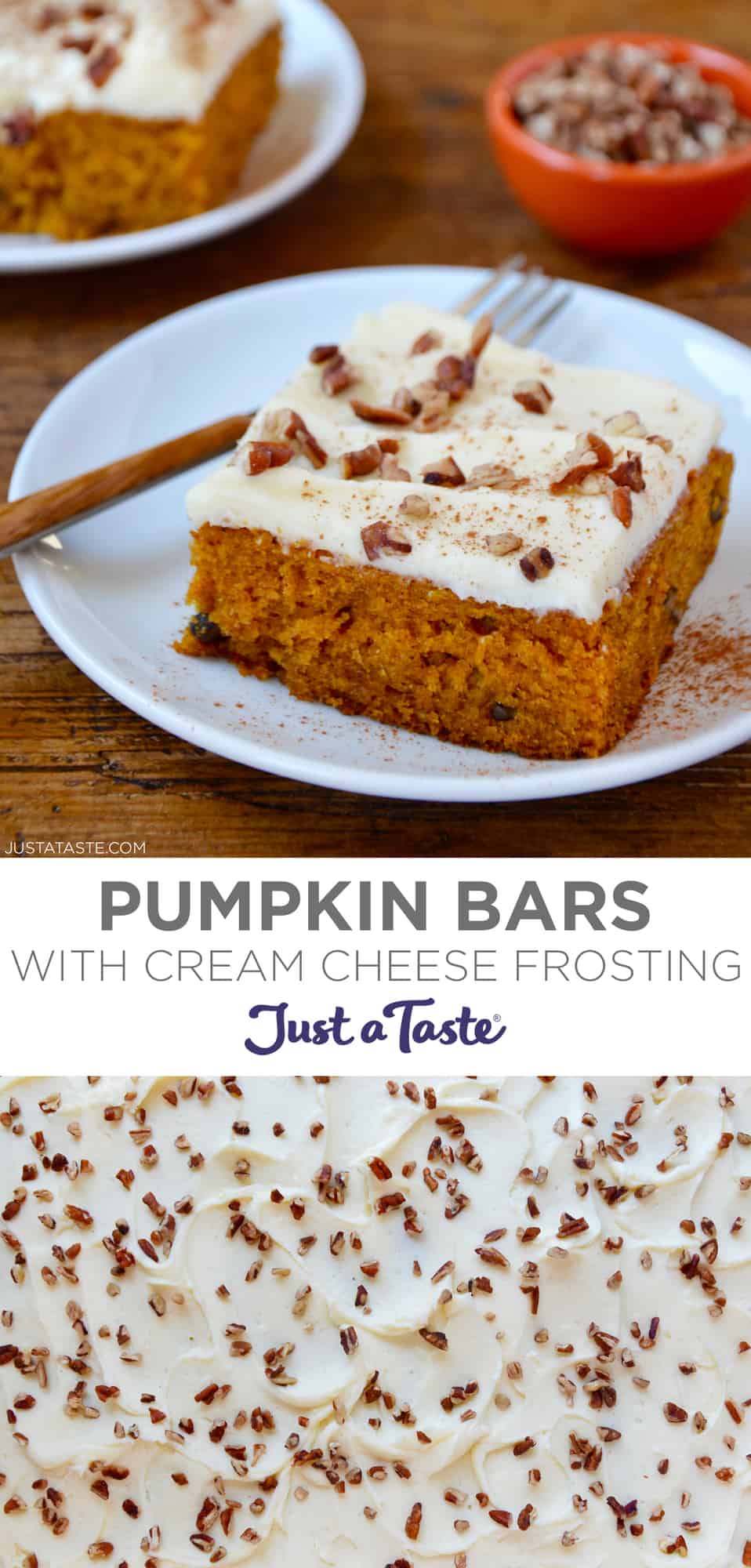 Top image: A slice of pumpkin sheet cake topped with tangy cream cheese frosting and toasted pecans on a white plate next to a fork. Bottom image: Closeup view of cream cheese frosting with pieces of toasted pecans.