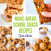 A collage of four make-ahead school snack recipe images, including Peanut Butter Marshmallow Treats, Soft and Chewy Granola Bar, Peanut Butter Protein Balls, and Healthy Breakfast Cookies.