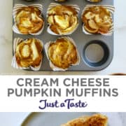 Top image: A top-down view of a muffin tin containing Cream Cheese Pumpkin Muffins. Bottom image: A pumpkin muffin with cream cheese cut in half on a plate. || A top-down view of a muffin tin containing Cream Cheese Pumpkin Muffins.