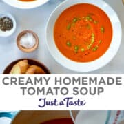 Top image: Two white bowls containing Creamy Homemade Tomato Soup drizzled with basil pesto next to a stockpot containing soup and two small bowls containing black pepper and sea salt. Bottom image: Heavy cream being poured into a stockpot containing tomato soup.