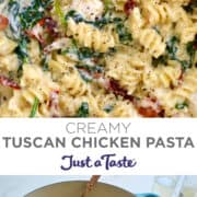 Top image: A close-up view of Creamy Tuscan Chicken Pasta starring spinach, cubed chicken breast and sun-dried tomatoes. Bottom image: A light blue pot containing Creamy Tuscan Chicken Pasta next to glasses filled with water and a small bowl containing parmesan cheese.