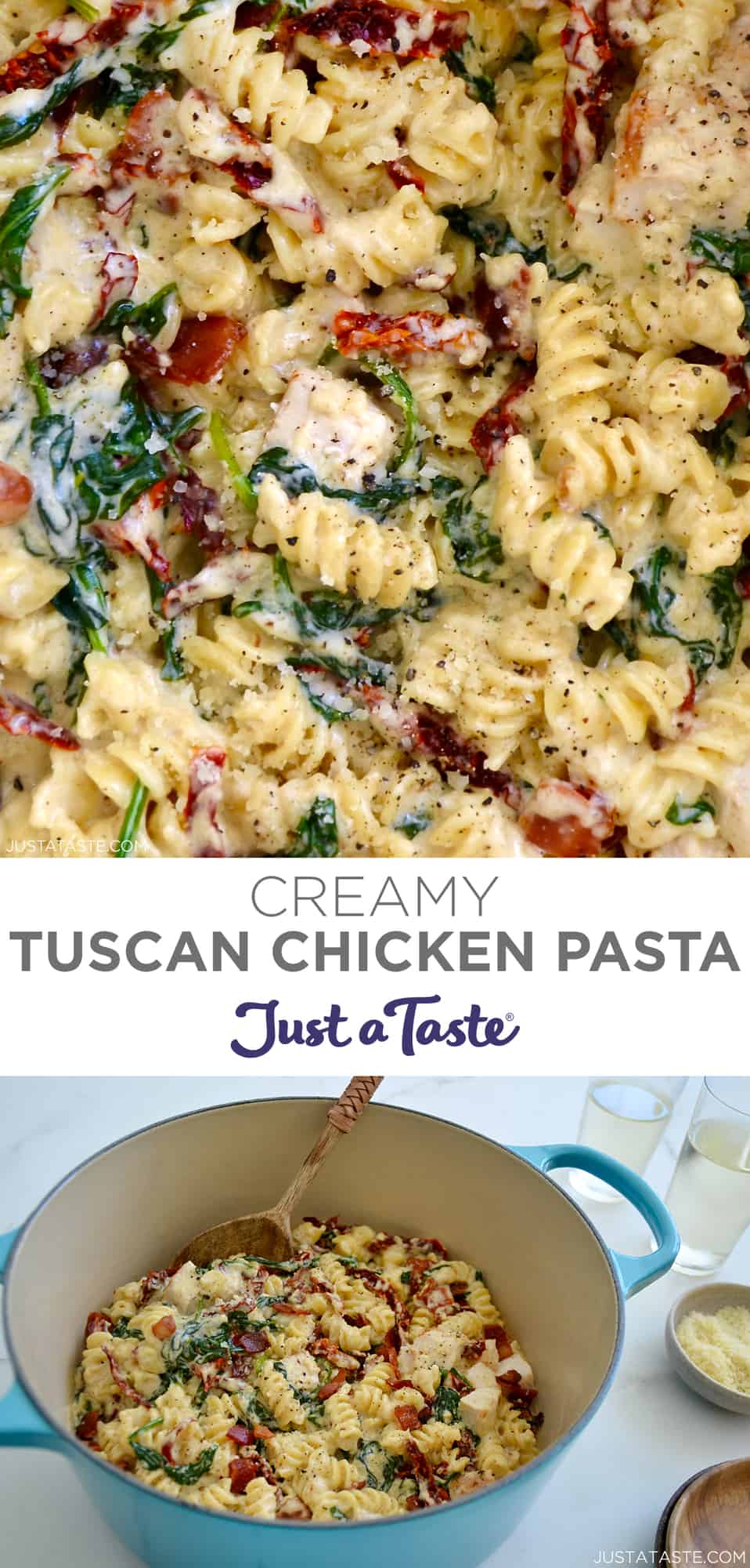 Top image: A close-up view of Creamy Tuscan Chicken Pasta starring spinach, cubed chicken breast and sun-dried tomatoes. Bottom image: A light blue pot containing Creamy Tuscan Chicken Pasta next to glasses filled with water and a small bowl containing parmesan cheese.