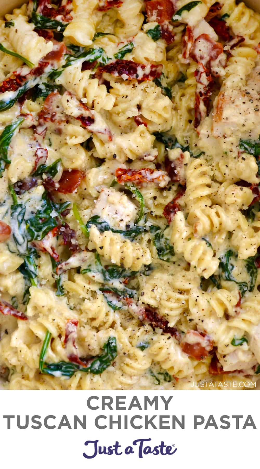 Creamy Tuscan Chicken Pasta starring spinach, cubed chicken breast and sun-dried tomatoes.
