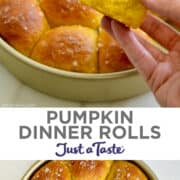 Top image: A hand holding a Pumpkin Dinner Roll with more rolls in the out of focus in the background. Bottom image: A round baking dish containing freshly baked Easy Pumpkin Dinner Rolls sprinkled with large-flake sea salt.
