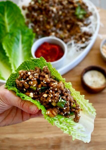 A hand holding a ground chicken lettuce wrap.