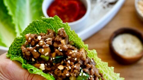 A hand holding a ground chicken lettuce wrap.