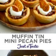 Top image: Muffin Tin Mini Pecan Pies topped with whipped cream and pie crust leaves. Bottom image: A spatula with pecan pie filling over a pot.