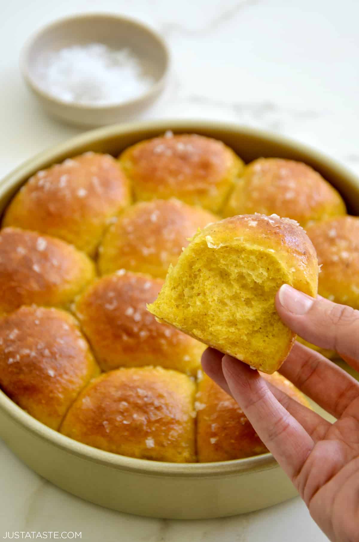 A hand holds a pillowy soft pumpkin dinner roll above a round baking pan containing pumpkin dinner rolls.