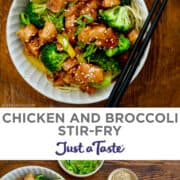 Top image: A top-down view of a bowl containing 30-Minute Chicken and Broccoli Stir-Fry over noodles and chopsticks. Bottom image: A top-down view of two bowls containing 30-Minute Chicken and Broccoli Stir-Fry and chopsticks next to a small ramekin containing sesame seeds.