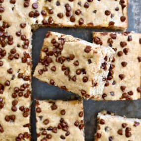 A top-down view of banana bars cut into squares