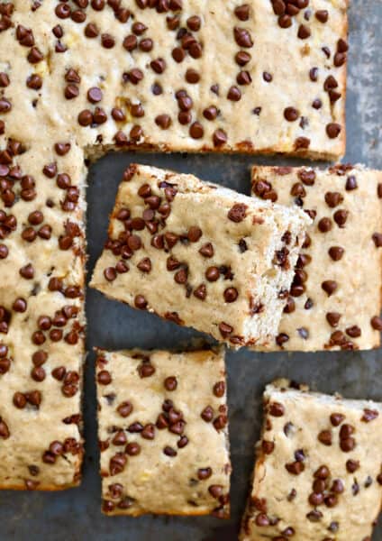 A top-down view of banana bars cut into squares
