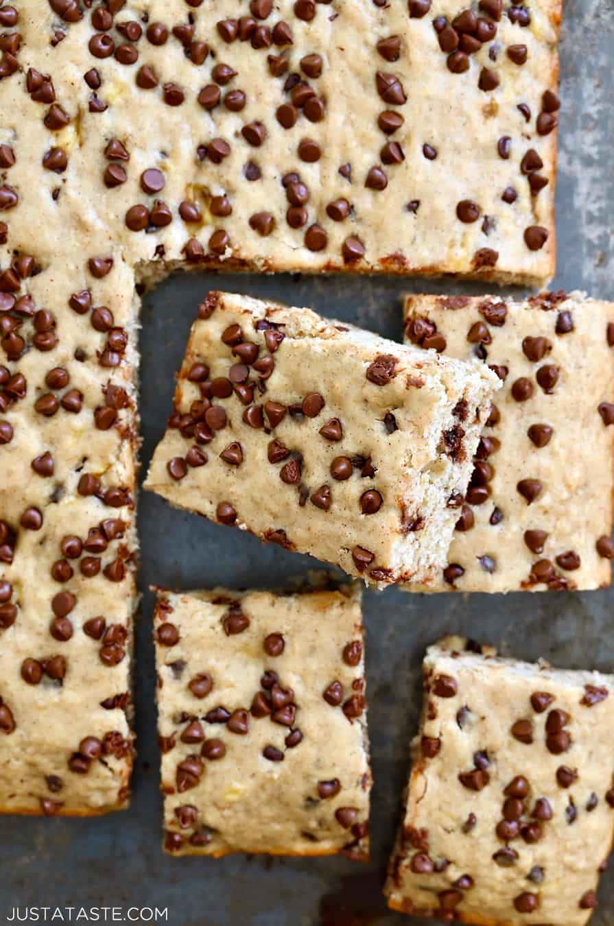 A top-down view of banana bars cut into squares