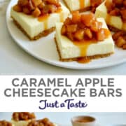 Top image: A close-up view of Caramel Apple Cheesecake Bars topped with sautéed apples and caramel sauce on a white serving plate. Bottom image: Two plates containing Caramel Apple Cheesecake Bars next to a bowl filled with caramel sauce.