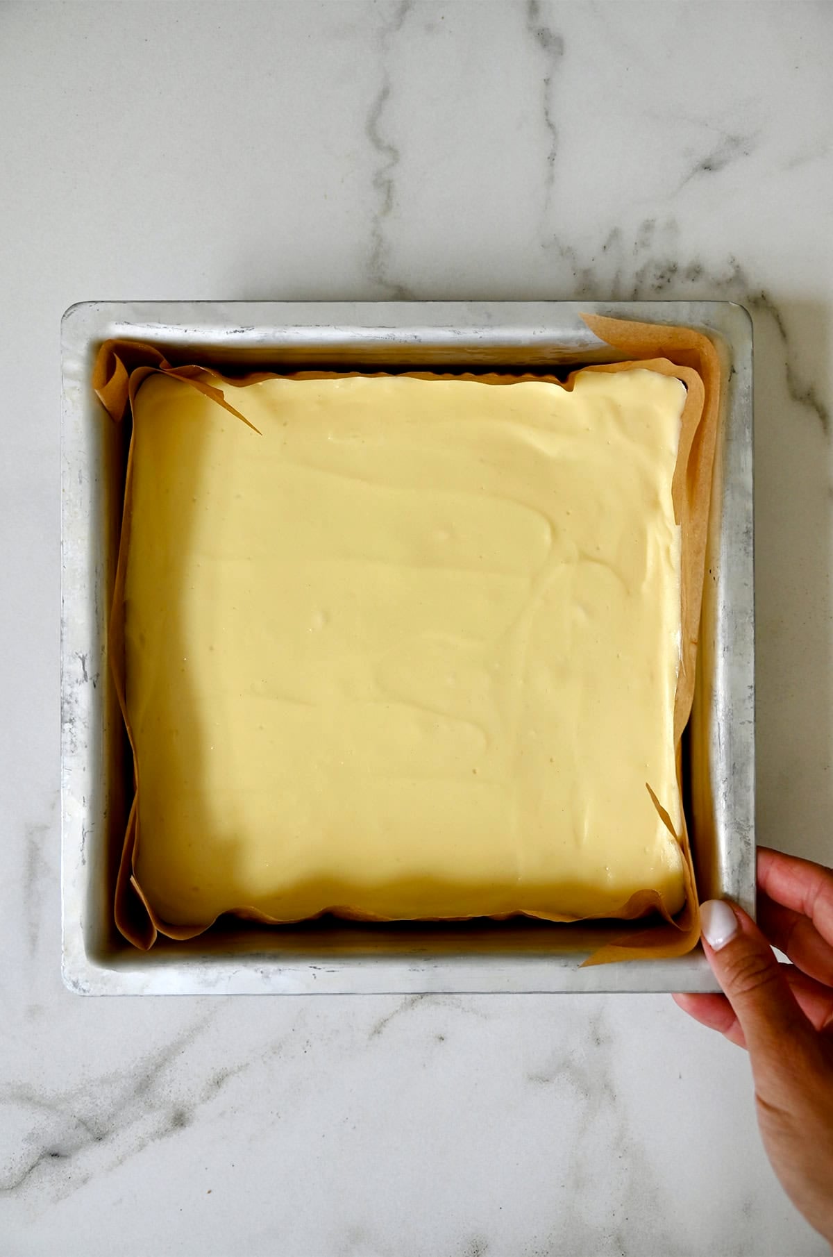 Baked and chilled cheesecake bars in a pan lined with parchment paper.