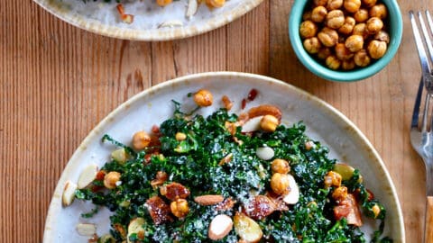 Kale salad topped with crispy chickpeas