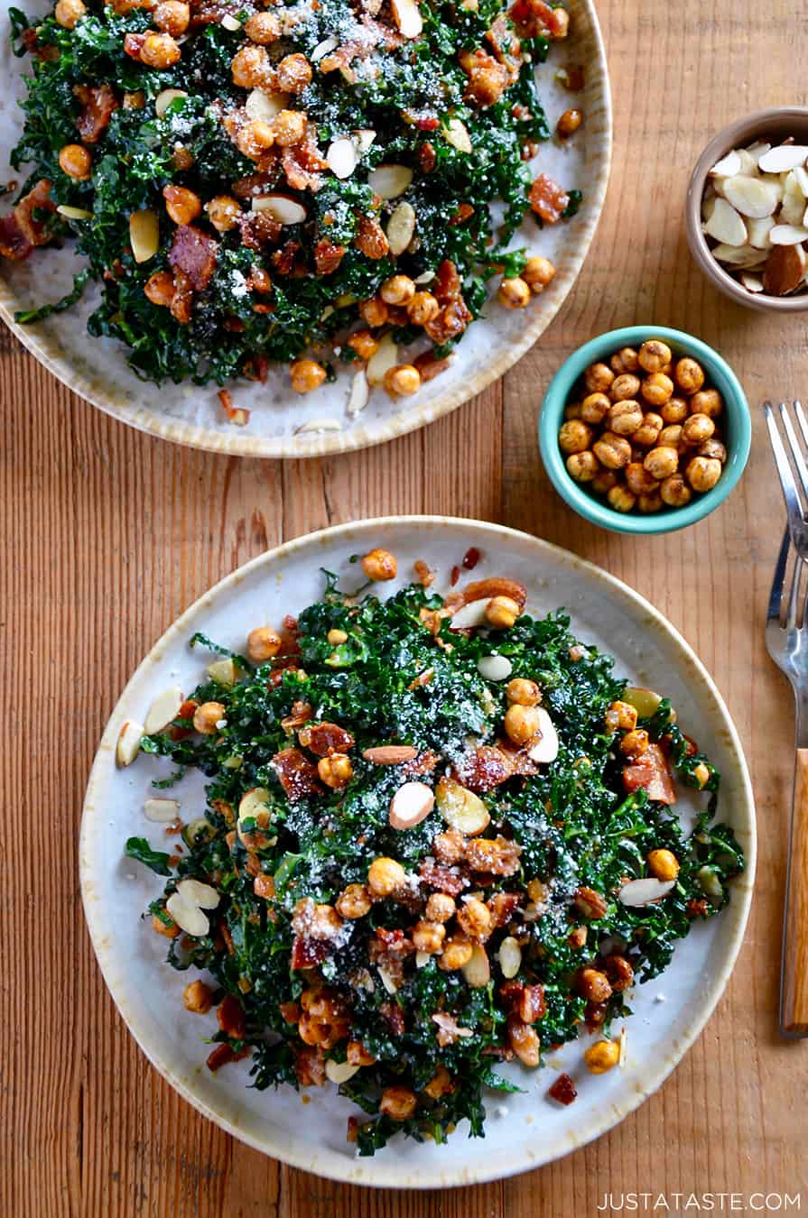 Kale salad topped with crispy chickpeas