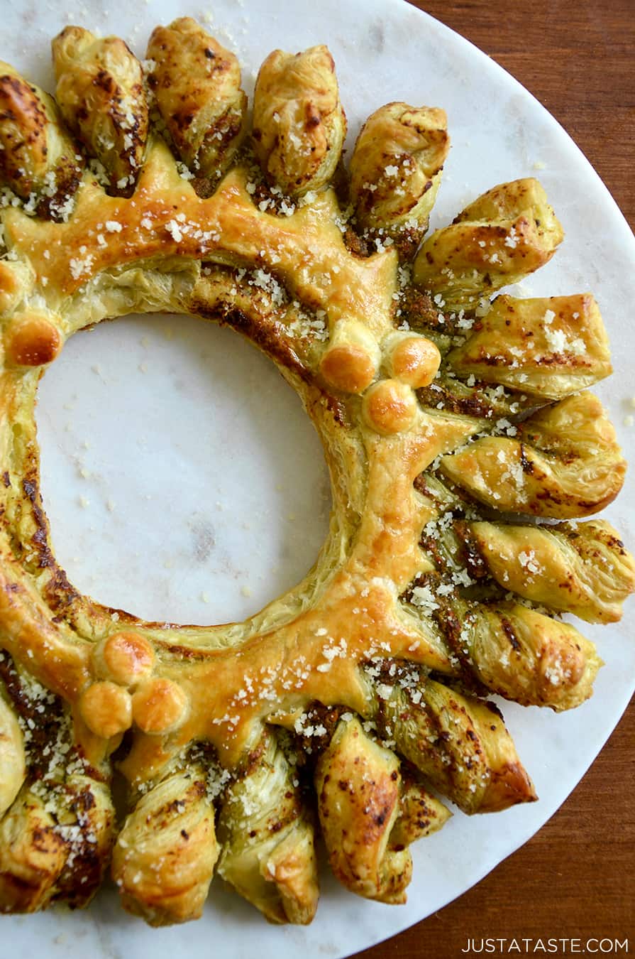 A closeup view of a Puff Pastry Wreath with pesto