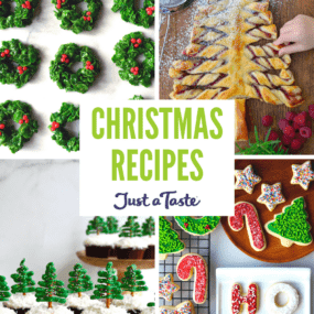 Collage of images: Marshmallow Christmas Wreaths, Puff Pastry Christmas Tree, Frosted Sugar Cookies and Christmas Tree Cupcakes