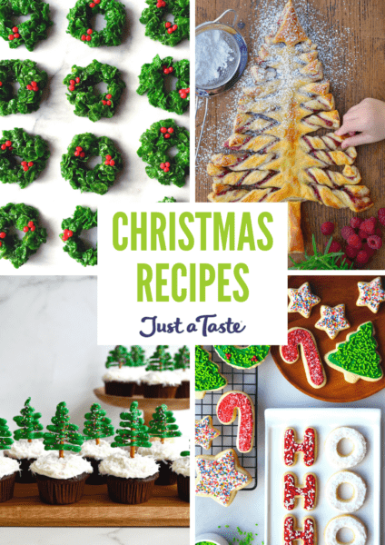 Collage of images: Marshmallow Christmas Wreaths, Puff Pastry Christmas Tree, Frosted Sugar Cookies and Christmas Tree Cupcakes