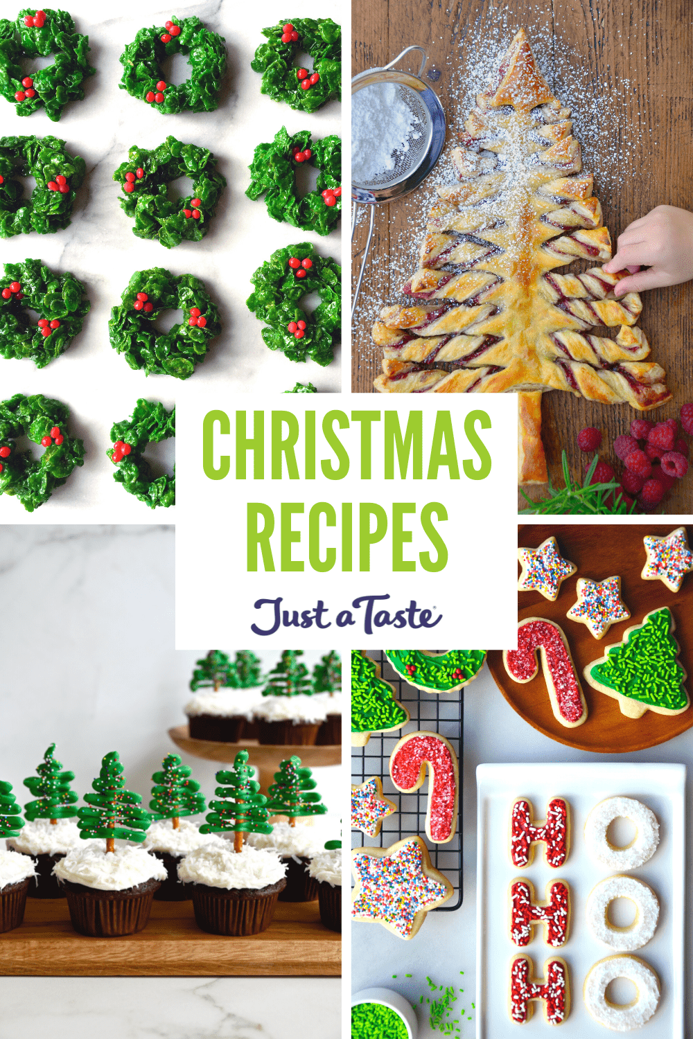 Collage of images: Marshmallow Christmas Wreaths, Puff Pastry Christmas Tree, Frosted Sugar Cookies and Christmas Tree Cupcakes