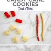 Vertical collage of images. Top image: Candy Cane Cookies. Second image: Cookie dough cubes and logs on a marble surface. Third image: Red and white sugar cookie dough twisted together. Last image: Unbaked Candy Cane Cookies on two baking sheets lined with parchment paper.