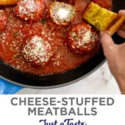 Top image: A skillet containing Cheese-Stuffed Meatballs with Garlic Bread Dippers. Bottom image: A skillet containing marinara sauce and Cheese-Stuffed Meatballs next to a plate with Garlic Dippers.