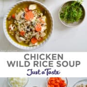 Top image: A top-down view of two bowls containing Chicken Wild Rice Soup next to two smaller bowls with fresh thyme and grated parmesan cheese. Bottom image: A top-down view of various sizes of bowls containing ingredients for wild rice soup.