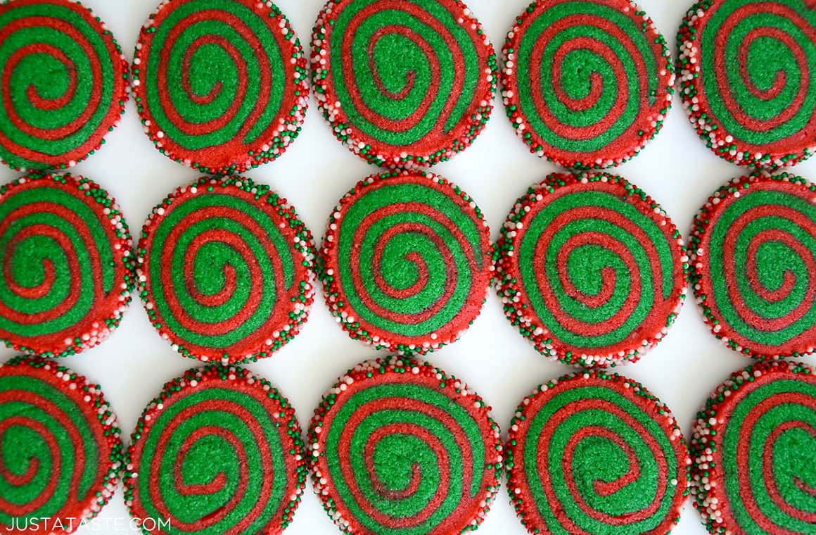 A top-down view of Christmas Pinwheel Cookies