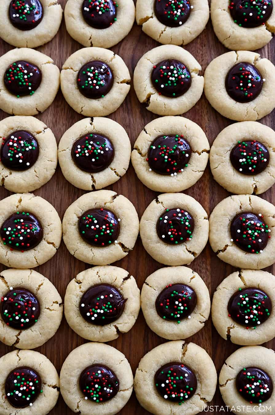 A top down view of Christmas Thumbprint Cookies