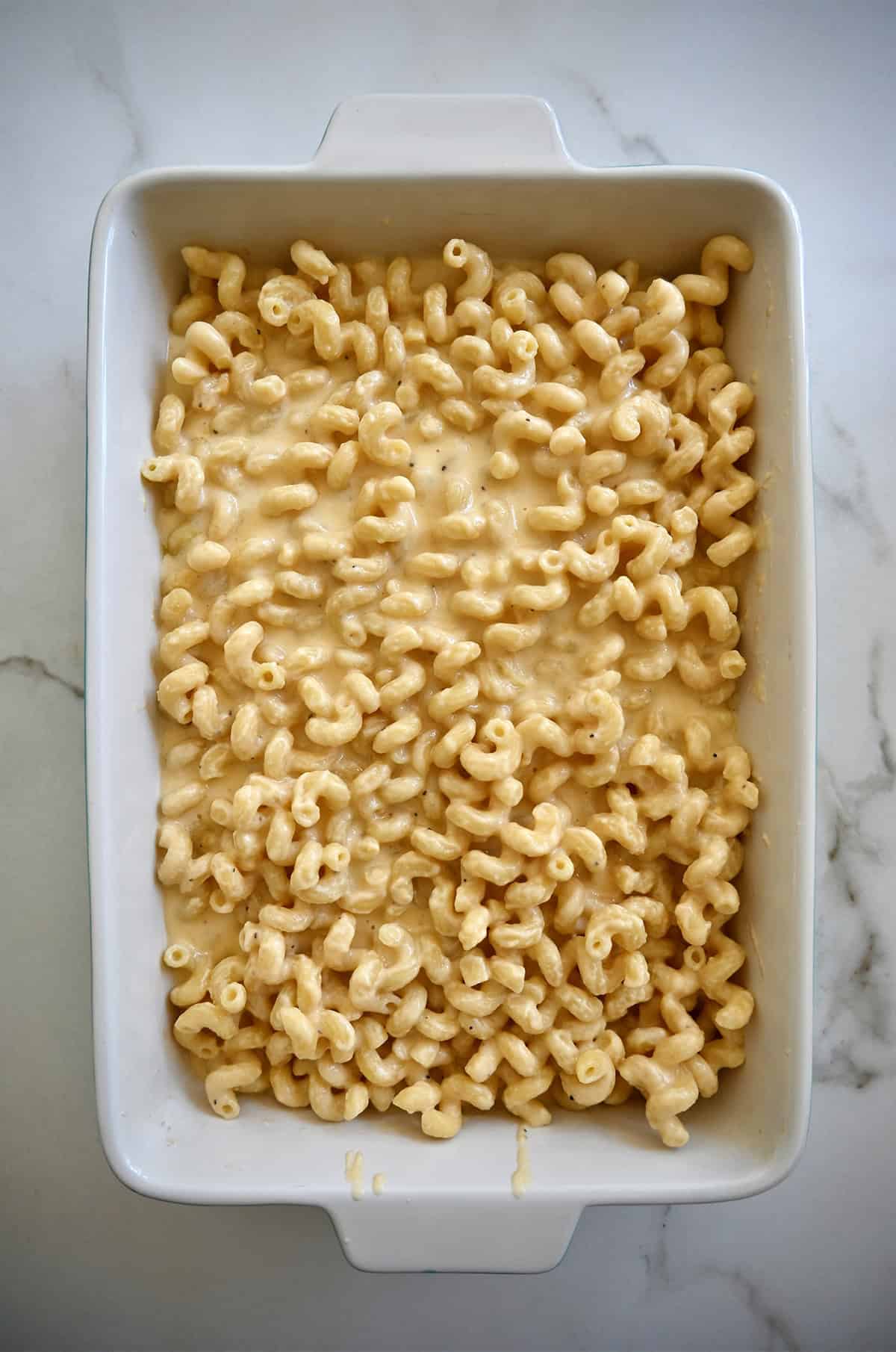 Homemade macaroni and cheese in a 9x13 casserole dish before being topped with breadcrumbs and baked.