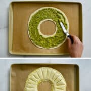 Top image: A top-down view of a pull-apart Pesto Puff Pastry Wreath next to fresh basil and small bowls containing marinara sauce and parmesan. Second image: Pesto being spread atop pastry with an offset spatula. Third image: Pizza wheel cutting strips into the wreath. Final image: A hand twisting each strip of pastry.