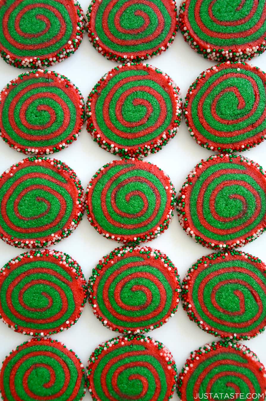 A top-down view of red and green Christmas Pinwheel Cookies