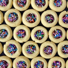 A top down view of chocolate thumbprint cookies