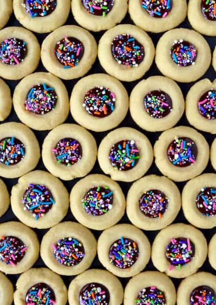 A top down view of chocolate thumbprint cookies