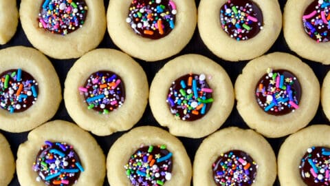 A top down view of chocolate thumbprint cookies
